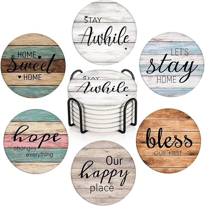 Coasters for Drinks, Ceramic Stone, Wooden | Planks Wood Paint Absorbent Round by Britimes