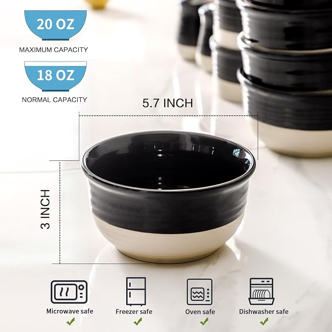 HASENSE Ceramic Cereal & Soup Bowls Set of 6, 20 Oz Black & Beige Stackable - Image 3