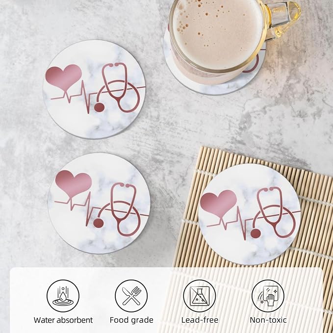 Nurse Doctor Heart Stethoscope Coasters Set of 4, Absorbent Ceramic Drink - Image 5