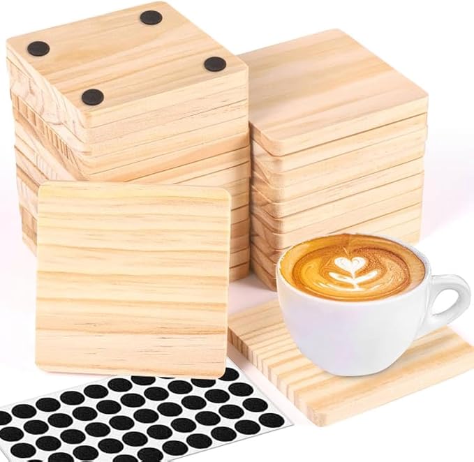 26 Pack Unfinished Wood Coasters, 4 Inch Square Blank Wooden Coasters Crafts by Aweyka