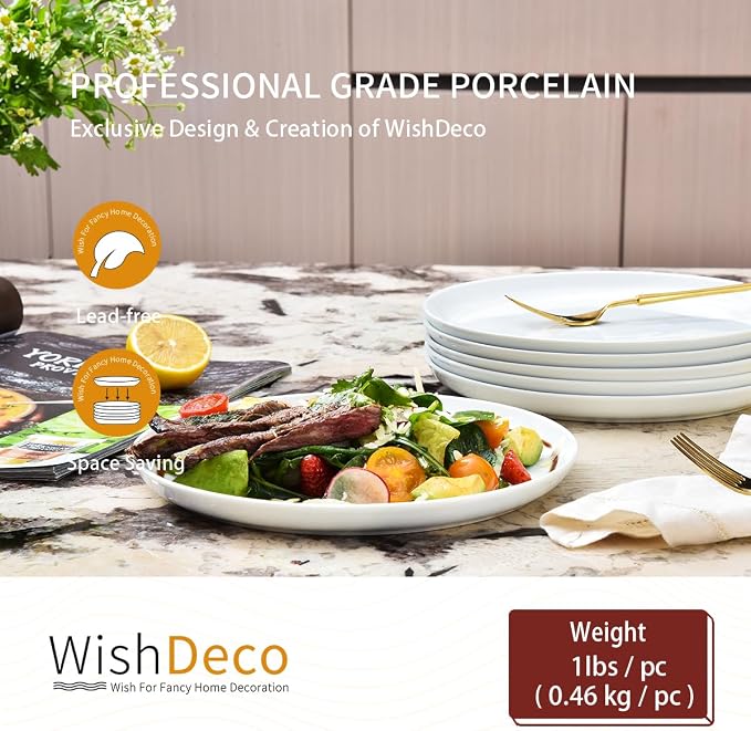 White Dinner Plates Set of 6, Porcelain Salad Plates 9 Inch, Modern Kitchen - Image 4