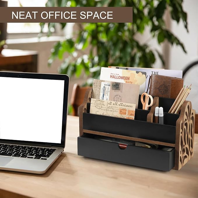 Desk Organizer with Drawer Wood File Office Mail Organizer Countertop | 5 Slot - Image 5
