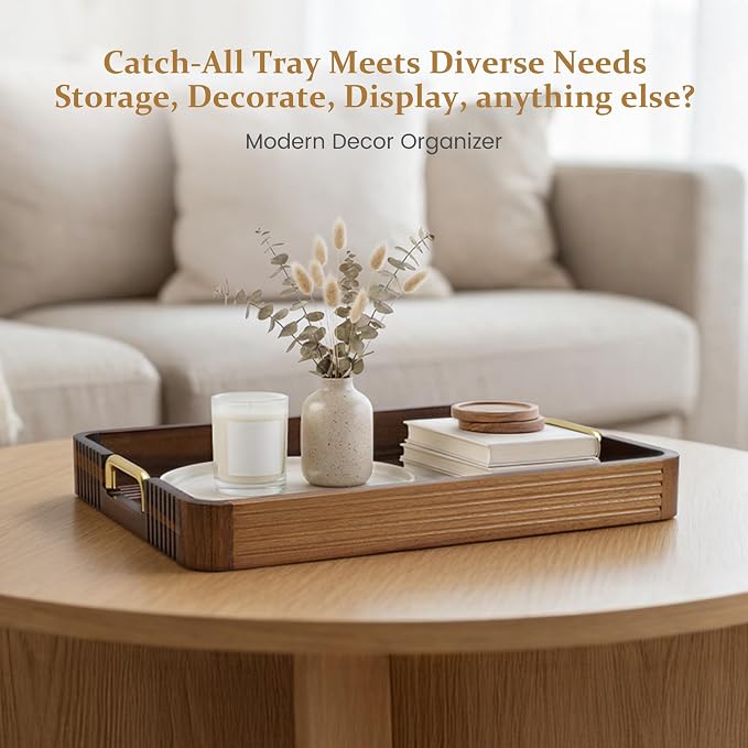 Acacia Wood Serving Tray with Metal Handles, Decorative Coffee Table Tray & - Image 4