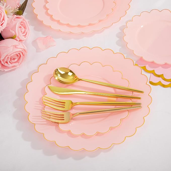 LIYH 210pcs Pink Gold Scalloped Plastic Plates, Elegant Party Dinnerware | - Image 6