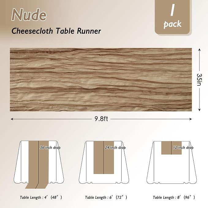 1 Pack Nude Cheesecloth Table Runner 120 Inch Boho Wedding Decor | Cheesecloth - Image 2