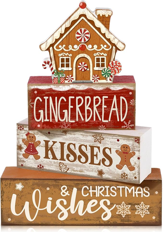 Moucuny 4 Pcs Christmas Table Decoration Gingerbread House Wooden Stacked Block by Moucuny