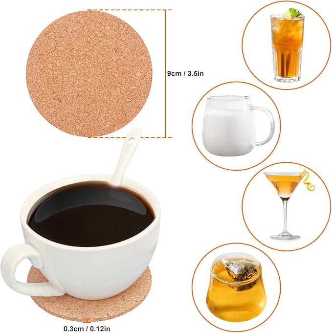 180 Pack 3.5 Inch Round Cork Coasters, Cork Drink Coasters - Image 2