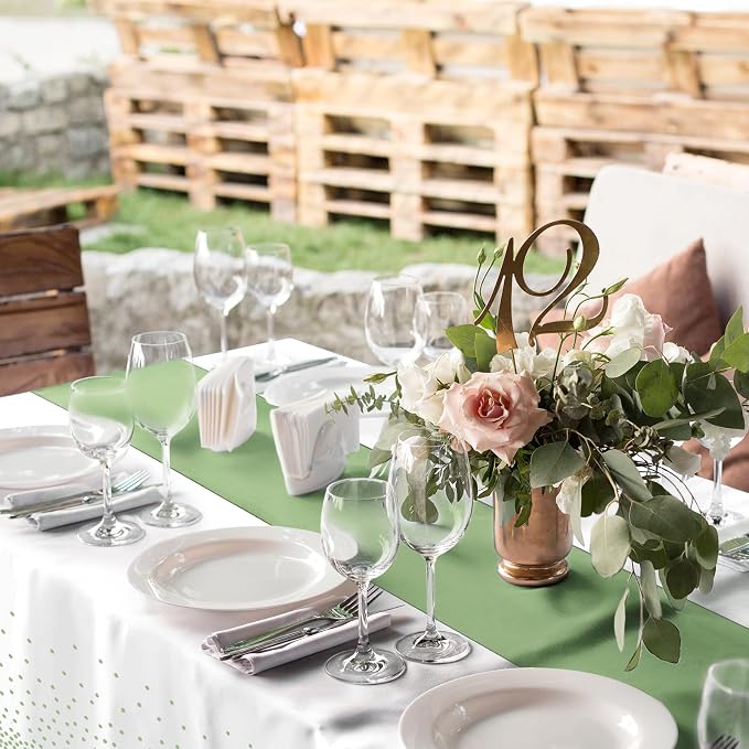 8Pack Plastic Tablecloths and Satin Table Runner Set Disposable White and Sage - Image 4