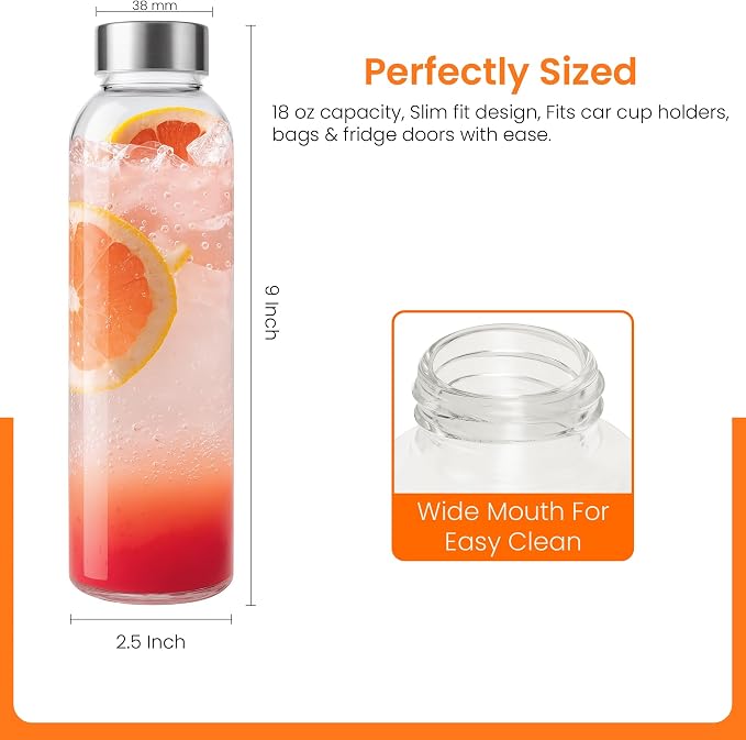 Epica Clear Glass Bottles with Lids, 18 oz Water Bottles, Steel Cap - Image 7