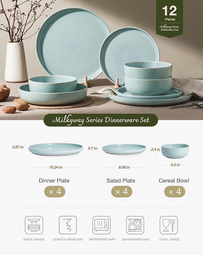 Famiware Milkyway 12-Piece Stoneware Dinnerware Set, Light Blue | Plates and - Image 2
