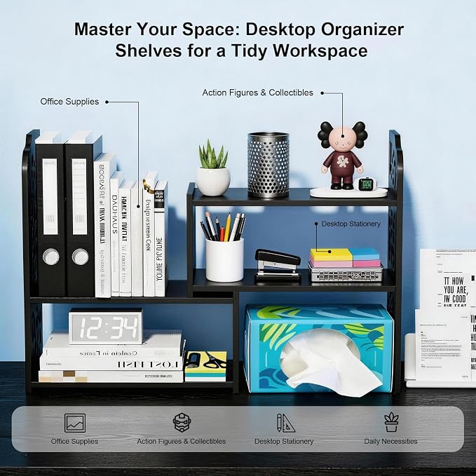 YGYQZ Adjustable Desktop Shelf Organizer, 3-Tier Expandable Desk Shelf - Image 3