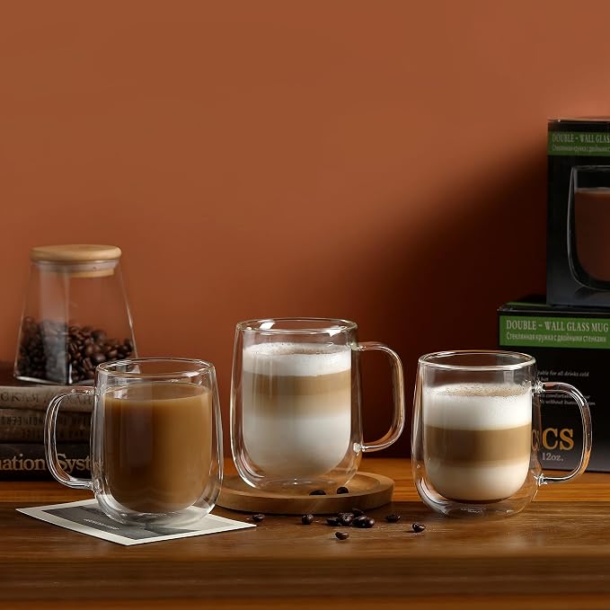 CNGLASS Large Double Wall Glass Coffee Mug 15.2oz, Cappuccino, Tea Bag - Image 6
