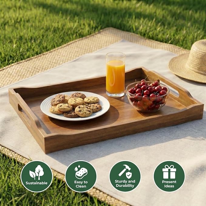 Acacia Wood Serving Trays with Handles, Rectangular Wooden Tray Set of 2 - Image 4