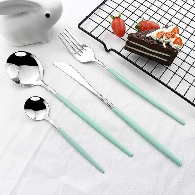 JASHII Flatware Serving Set 24 Piece, Stainless Steel Silverware Set, Mint - Image 2