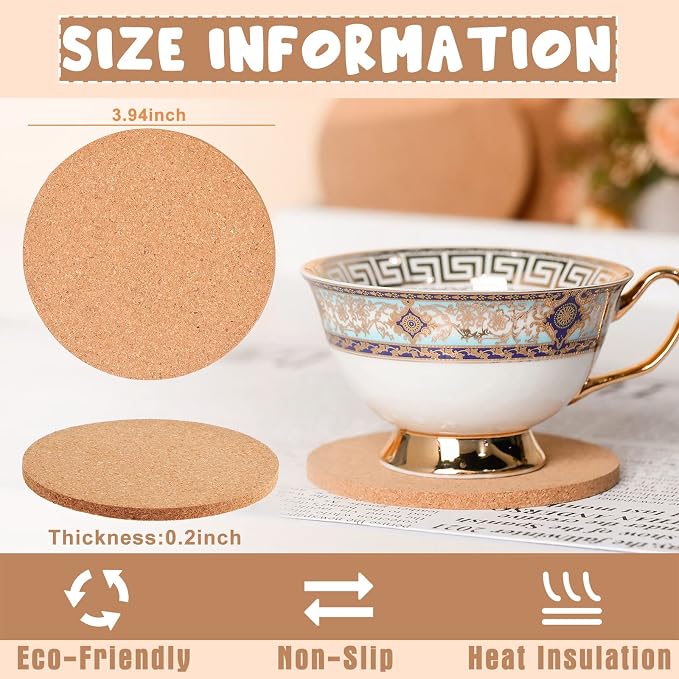 Didaey 200 Pcs Cork Coaster for Drink 4 Inch Absorbent Blank Wooden Thick - Image 2