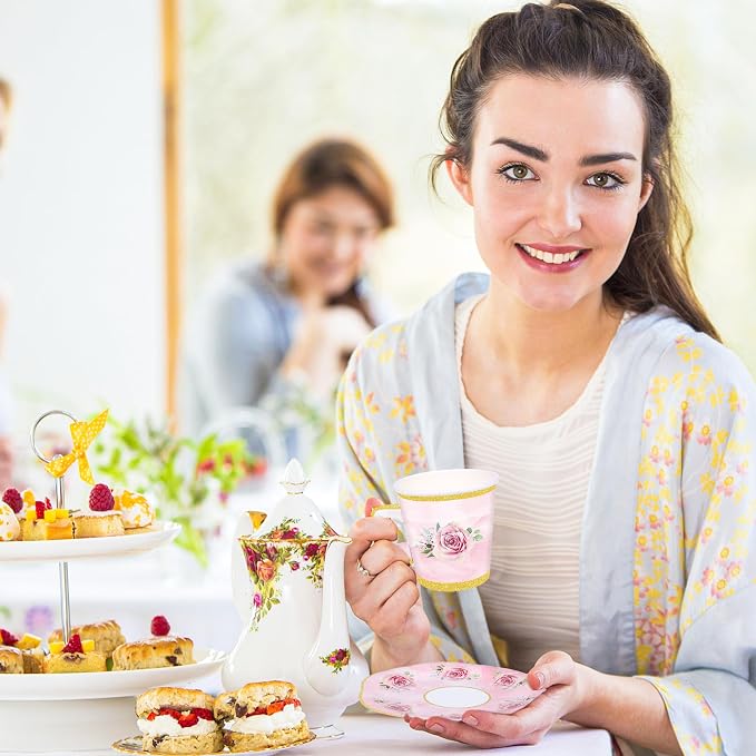 50 Pcs Paper Tea Cups and Plates Pink Floral Disposable Paper Teacups and - Image 5