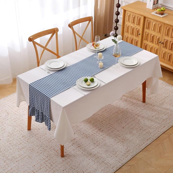 Navy Blue White Plaid Gingham Ruffle Table Runner 90 inches Long 100% Washed - Image 2