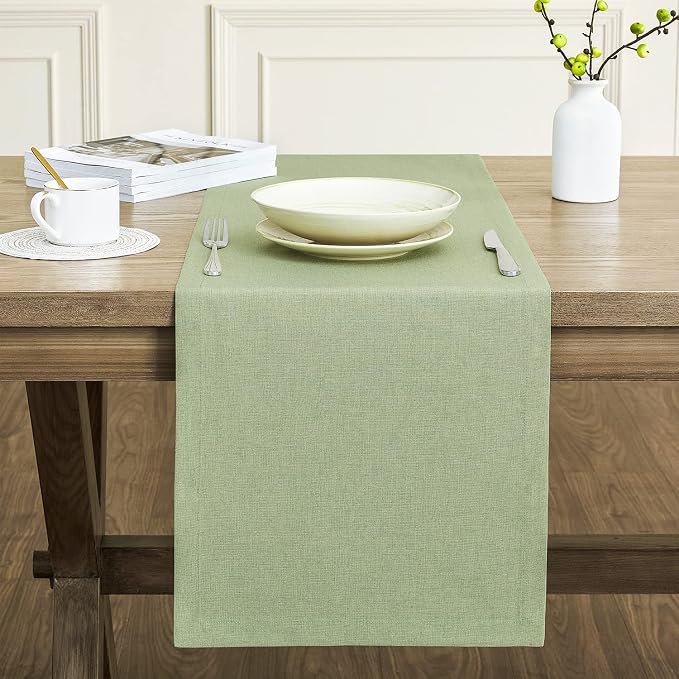 Basic Linen Style Table Runner, 14x90 Inch Sage Green | Mitered Corner Design - Image 2