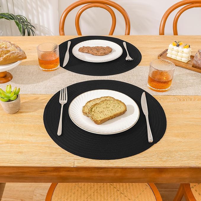 SHACOS Black Round Placemats Set of 12 Heavy Cotton Polyester Woven Braided - Image 3