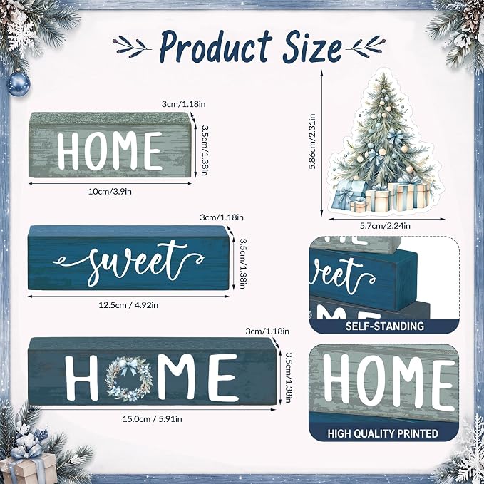 Cinnvoice 4 Pcs Blue Christmas Tree Wooden Block Decor Winter Farmhouse Tiered - Image 2