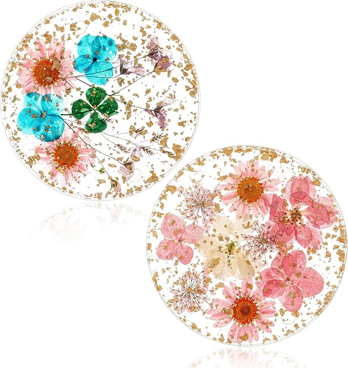 Amabro Dried Flower Drink Coasters, Floral Resin Drink Cup Mat Set of 2 by Amabro