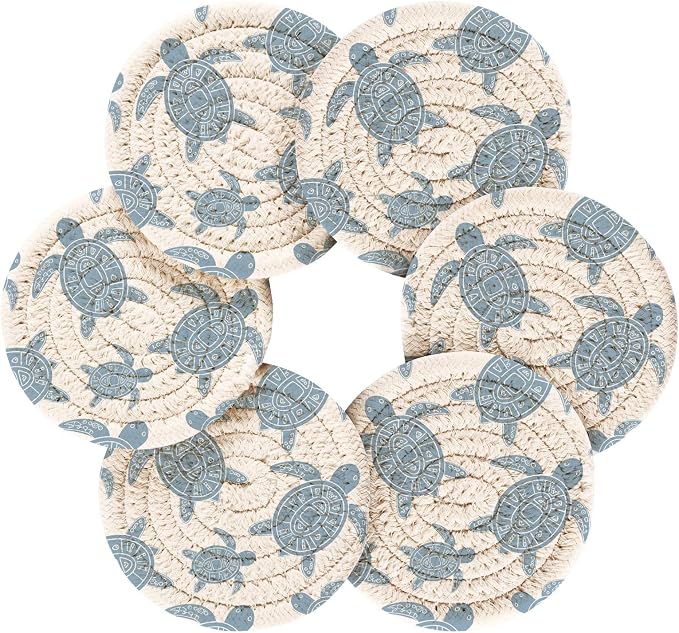 Turtle White Print Coasters for Drinks Set of 6 Absorbent Woven Drink Coaster - Image 2
