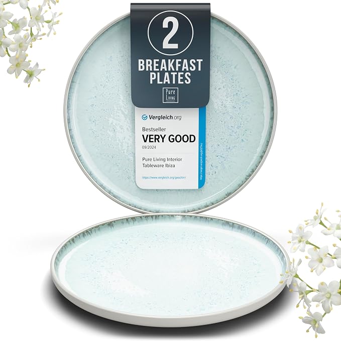 Stoneware breakfast & dessert plates set 2 pcs – Light beige & blue stylish by PURELIVING
