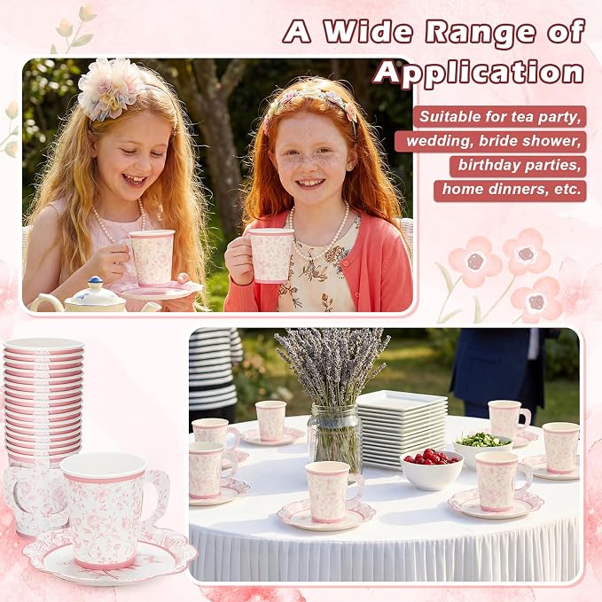 FillTouch 48 Sets Pink Floral Paper Tea Cups and Saucers Disposable Paper Tea - Image 7