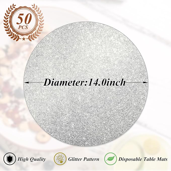 50 Pieces Silver Glitter Paper Place Mats Sparkle 14'' Round Disposable Table - Image 2