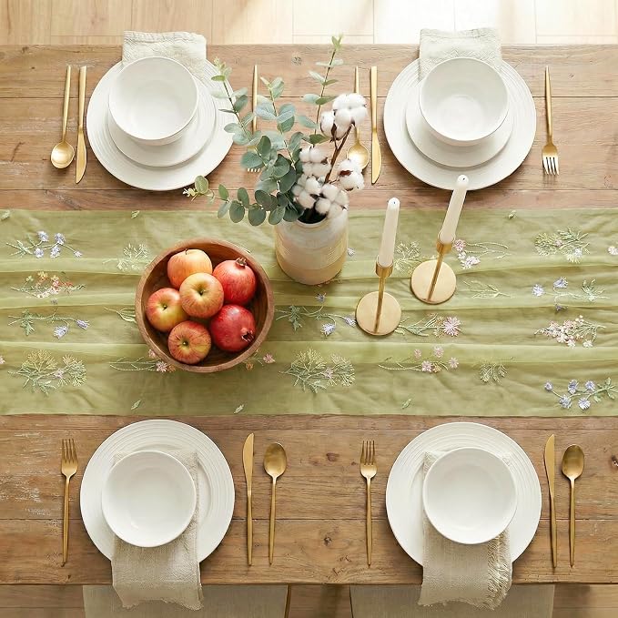 Artoid Mode Wildflower Floral Fern Green Gauze Embroidery Table Runner 120 Inch - Image 5