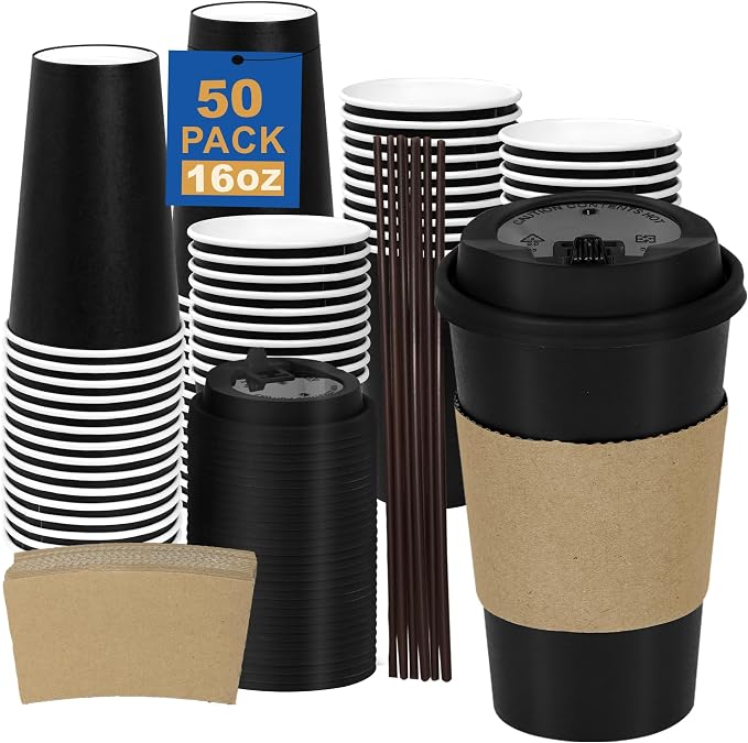 16 oz 50 Pack Coffee Cups with Lids and Sleeves, Hot Disposable To Go Travel by COOLCAP
