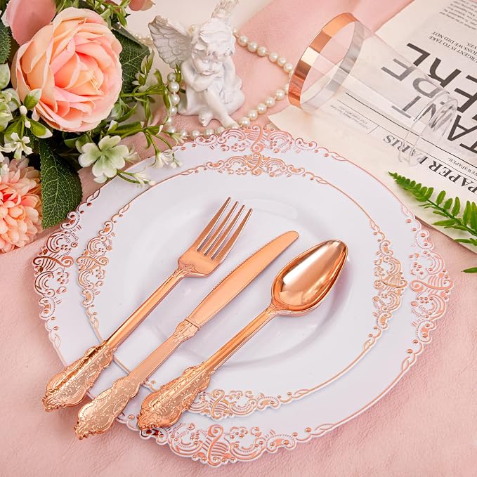 Morejoy 175PCS Rose Gold Plastic Plates & Disposable Dinnerware Sets | Inculdes - Image 3