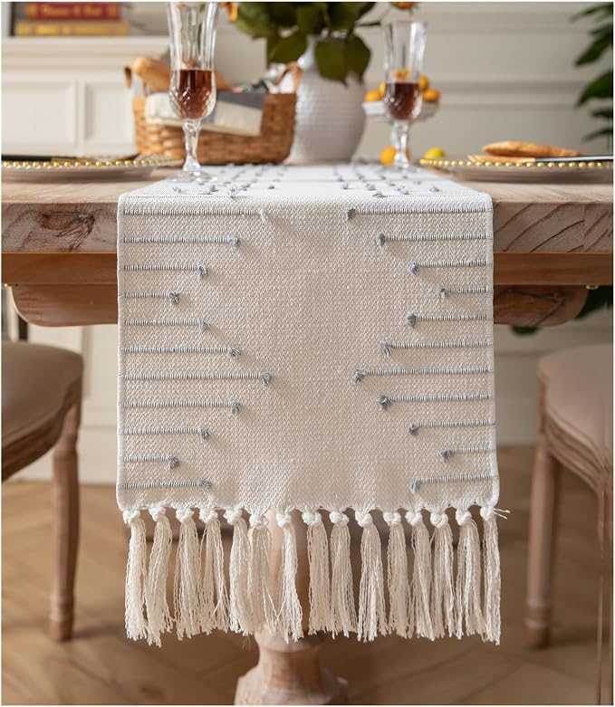 Boho Table Runner 13 x 90 Inch Long Natural Cotton Woven Runner by Caflife