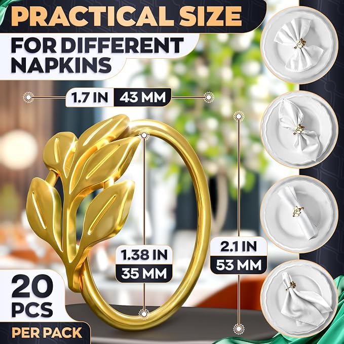 20 Pcs Gold Napkin Rings with Leaf Design, 1.38 Inch Inner Diameter | - Image 2