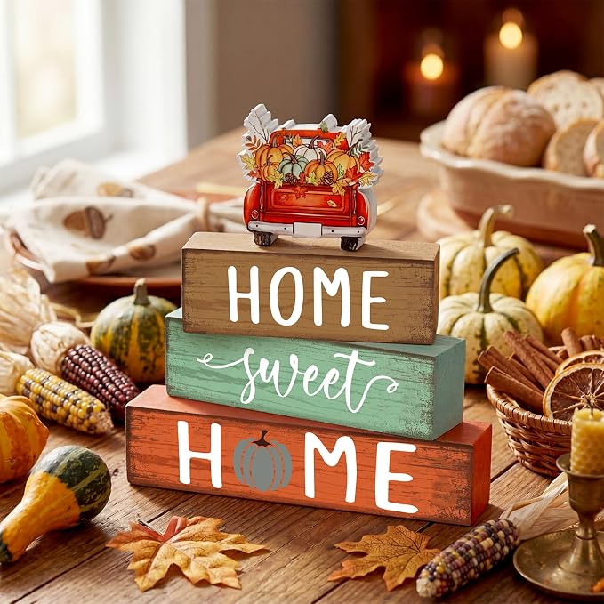 Cinnvoice 4 Pcs Fall Truck Pumpkin Wooden Block Decor Farmhouse Tiered Tray - Image 2