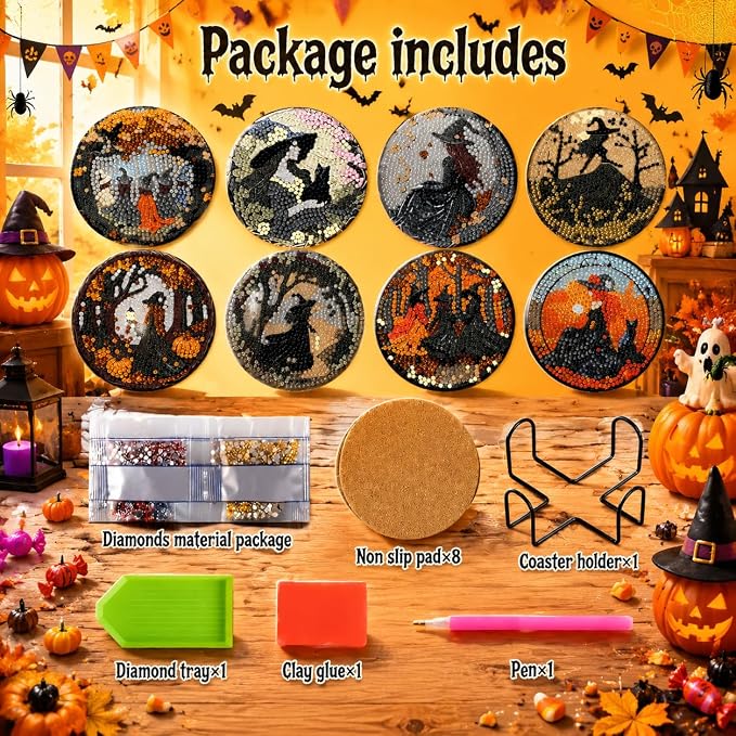 8 Pack Witch Diamond Art Coasters Kits- Diamond Painting Coasters Kit | - Image 4