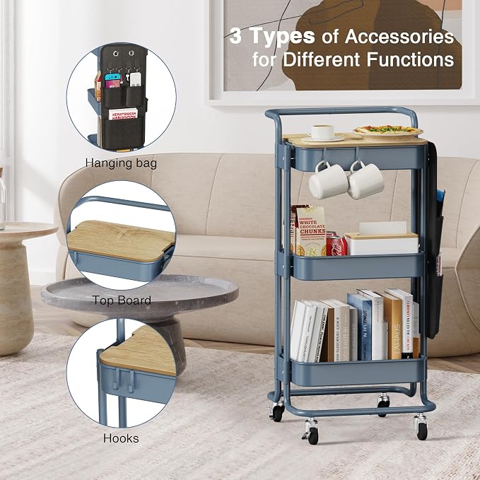 DTK 3-Tier Rolling Cart with Table Top, Metal Utility Cart with Side Bags | - Image 5