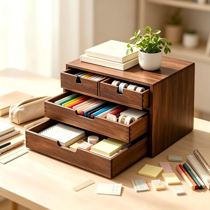 Bamboo Desk Organizer, 100% Natural Bamboo Desktop Drawer Organizer, Dark Brown - Image 2
