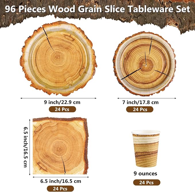 Kochorie 96 Pieces Camping Wood Grain Slice Tableware Set Rustic Wood Party - Image 2