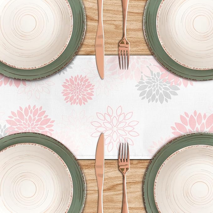 Dahlia Flower Table Runner 13x90 Inch Farmhouse Pink Gray Runners Modern Table - Image 5