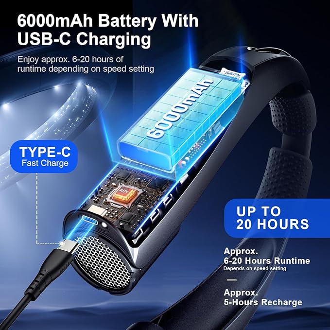 Portable Neck Fan with Reading Light, 6000mAh USB-C Rechargeable Hands Free Fan - Image 3