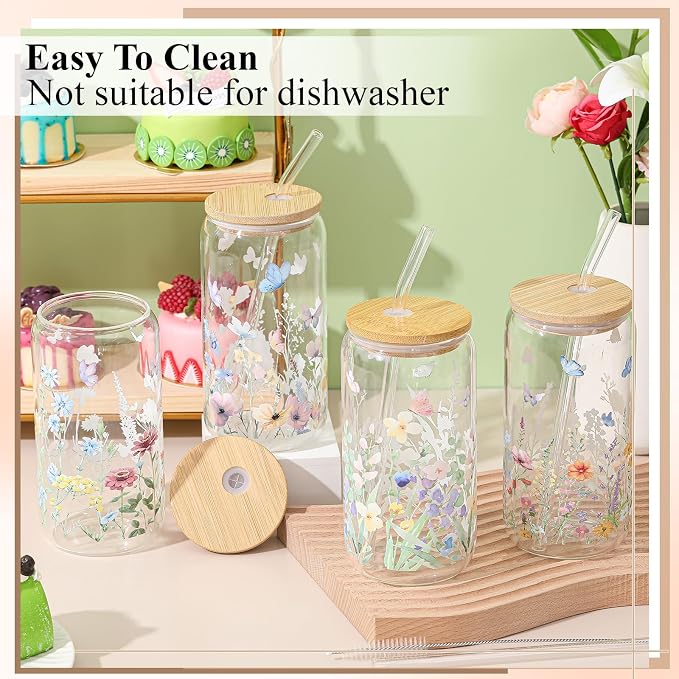 Mumufy 4 Pack Wildflower Glass Cups Gift Aesthetic Cute Glass Cup Tumbler - Image 4