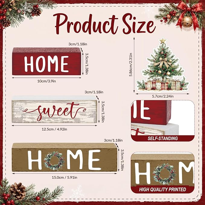Cinnvoice 4 Pcs Red Christmas Tree Wooden Block Decor Winter Farmhouse Tiered - Image 2