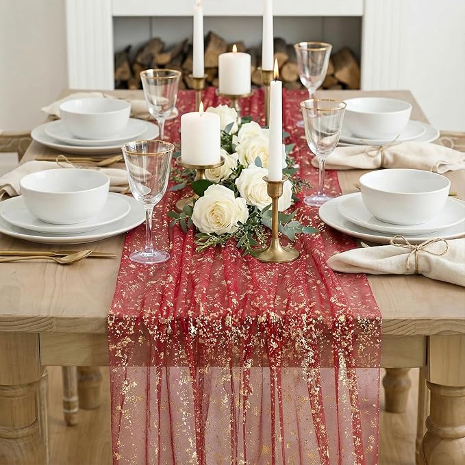 Artoid Mode Red Gold Gauze Table Runner 59x120 Inch 10FT, Glitter Metallic Foil - Image 2