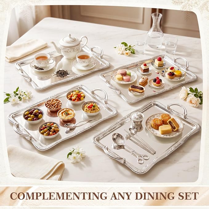 4 Pack Serving Tray with Handles 16.5 x 10.9 Inch Large Metal Plate Floral - Image 5