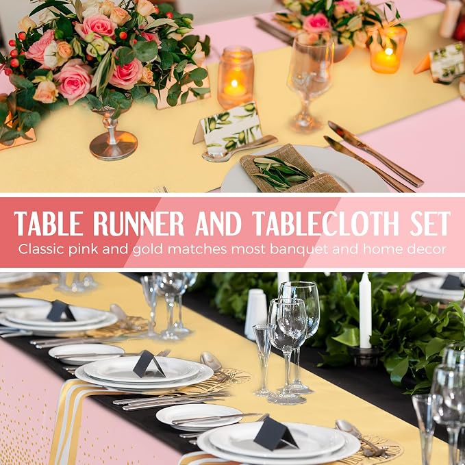 8 Pack Pink and Gold Disposable Plastic Tablecloths and Satin Table Runner Set - Image 5