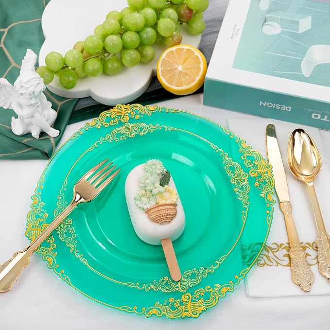 175 Pcs Clear Green Plates for Party | Elegant Disposable Dinnerware for 25 - Image 2