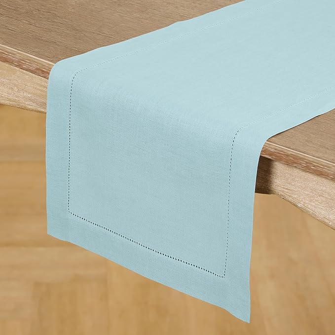 Solino Home 100% Pure Linen Table Runner Aqua Blue Hemstitch, 14 x 60 in | - Image 2