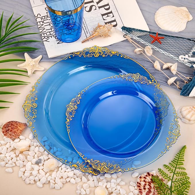 210 Pcs Blue Gold Plates for Graduation | Blue Party Plates Set for 30 Guests - Image 7
