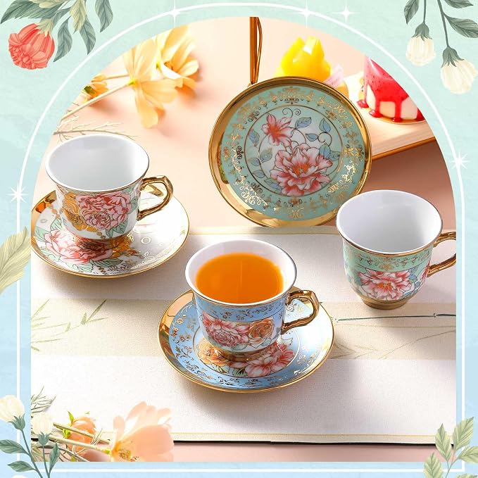 Teenyyou Set of 12 Tea Cups and Saucers Tea Party Decorations Floral Porcelain - Image 5